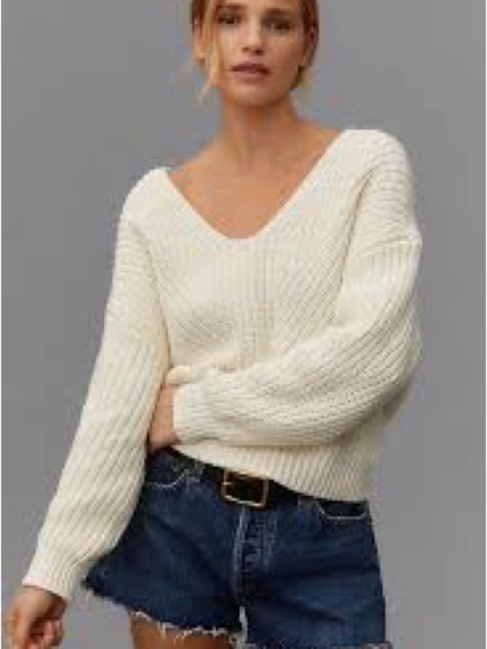 Anthropologie Cream V-Neck Ribbed Knit Sweater 976